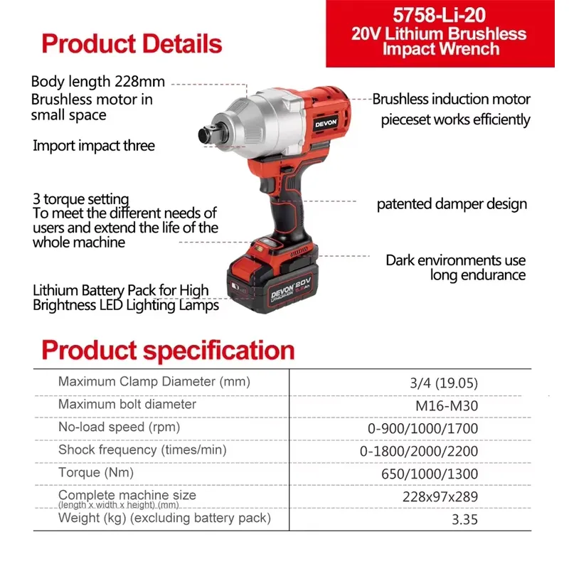 데본 20V 대형 토크 3단 토크 설정 임팩트 렌치 2 - Power Tools Impact Wrench 리뷰 및 가격
